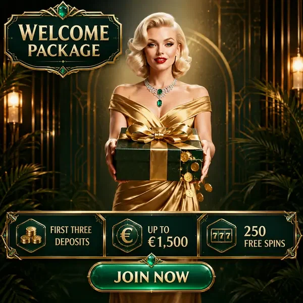 Elegante hostess che presenta il pacchetto di benvenuto del live casino Billionairespin con scatola regalo dorata