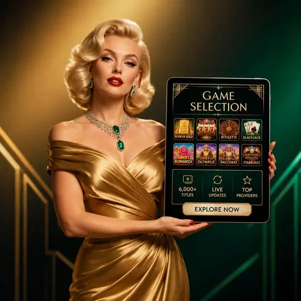 Donna elegante che presenta l'app mobile con 6.000+ giochi su Billionairespin