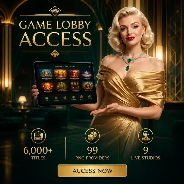 Elegante hostess che presenta l'accesso alla lobby di gioco con oltre 6000 titoli visualizzati