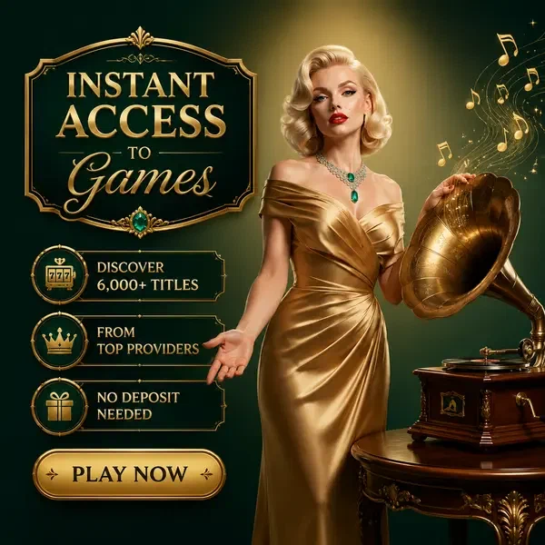 The Emerald Heiress che posa la mano su un grammofono vintage mentre il giocatore si iscrive ad Accesso Immediato a oltre 6.000 Giochi