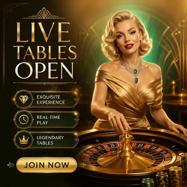 Tavoli dal vivo aperti con roulette dorata rotante mentre un'elegante hostess accoglie i giocatori del live casino