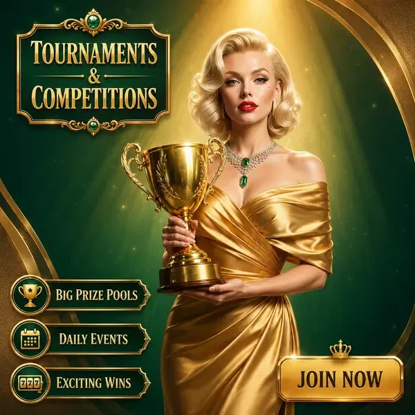 Hostess elegante che presenta trofeo d'oro nell'arena tornei e competizioni Billionairespin