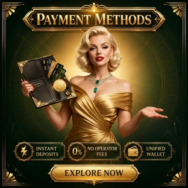Hostess VIP che presenta eleganti metodi di pagamento su Billionairespin con portafoglio dorato ornato